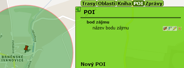 Záložka POI (Point of Interest bod zájmu) V této záložce nastavíte bod zájmu a oblast, která bude systémem sledována. Systém vjezd a výjezd z území kolem bodu zájmu zapíše do knihy jízd.