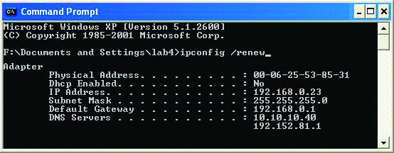 Na pøíkazovém øádku napište ipconfig /renew, abyste získali novou IP adresu. Stisknìte Enter. Zobrazí se nová IP adresa. (Uživatelé Windows 98/ME: Jdìte na Start > Spustit (Run).