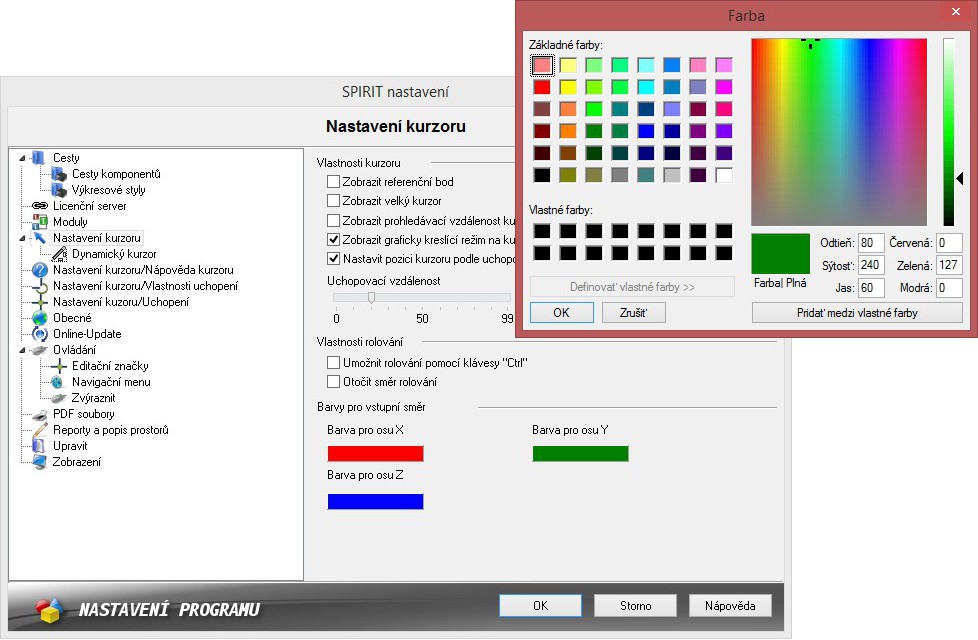 Novinky verze SPIRIT 2014 Nastavení V nastavení programu pod volbou Nastavení kurzoru můžete nyní provést nastavení barev které bude použito jak pro dynamické kótování, tak i pro dynamický kurzor.