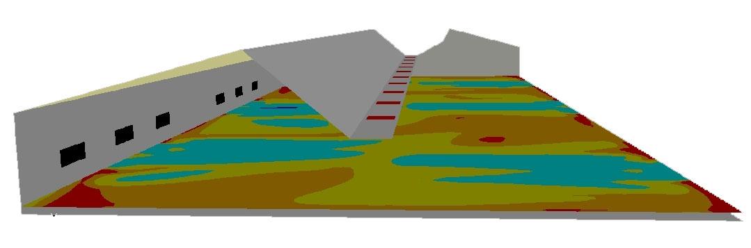 Obr.6 Srovnání naměřených hodnot teploty a profilu získaného numerickým výpočtem ve 3D. Měření i vyhodnocení odpovídá profilu v ose výstupního větracího kanálu (ventilátoru) ve výšce 0,2 m nad zemí.