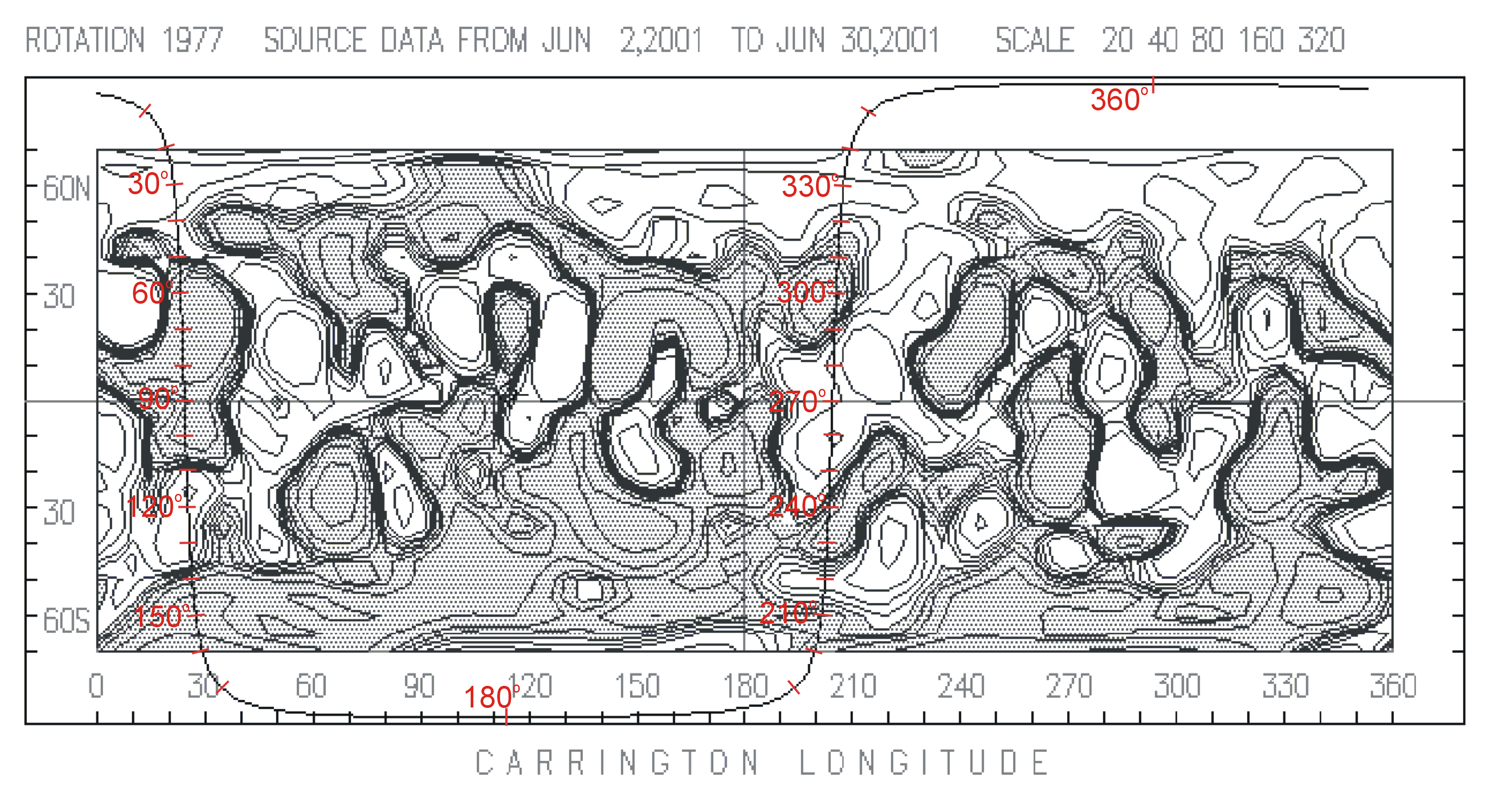 Obr. 4. Synoptická mapa fotosférického magnetického pole pro CR1977 odvozená ze sférických harmonických koeficientů z WSO Stanfordovy university s maximálním hlavním číslem koeficientů l=19.