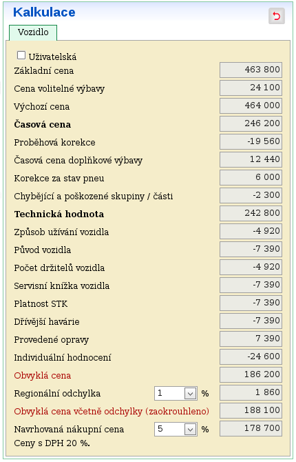 ceny vozidla. Po samotném ocenění (kliknutí na Ocenit ), je možno dále nastavit Regionální odchylku a navrhovanou nákupní cenu.