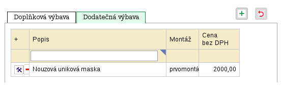 Dodatečnou doplňkovou výbavu lze zadat v okně, kde jsou k dispozici všechny doplňkové výbavy z databáze IBS. Ceny u jednotlivých výbav jsou doporučené a jsou vypočteny z cen podobných vozidel.