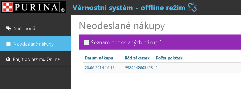 prodej zboží v offline režimu prodejní aplikace: Prodej zboží věrným zákazníkům v offline režimu je totožný jako v online režimu s rozdílem, že data zákaznických karet a ean kódy zboží nejsou ověřeny