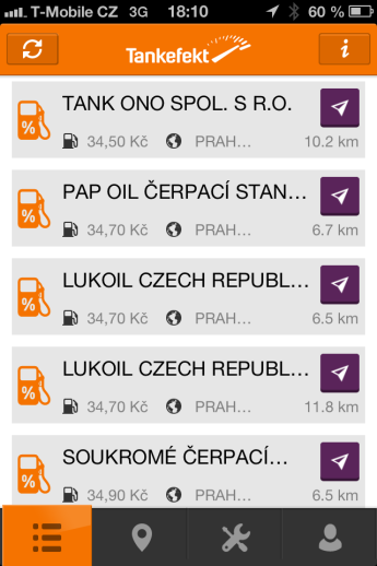 Seznam přehledně zobrazí čerpací stanice dle vzdálenosti nebo ceny, a to včetně poslední známé ceny zvoleného paliva a nabídky navigace Seznam čerpacích stanic podle vzdálenosti nebo podle ceny