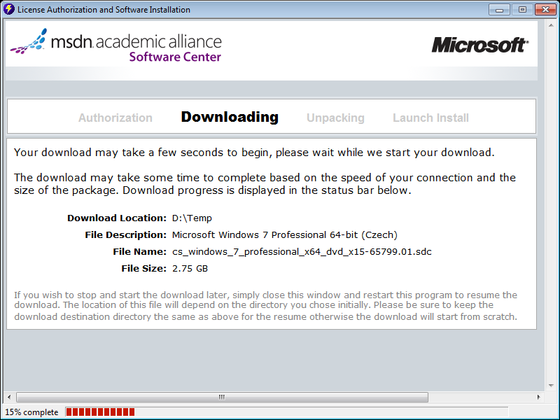 Poznámky ke stahování: Fáze stahování je uvedena v horní části okna: o Authorization = ověření, zda je uživatel oprávněn stahovat o Downloading = stahování balíčku SDC o Unpacking = rozbalování