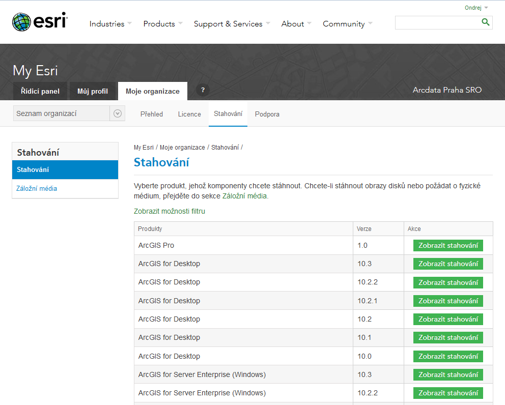 Stažení instalačního média pro ArcGIS Pro Stažení instalačního média provedeme přes portál My Esri, kde jsou uloženy všechny dostupné instalace. Přejdeme na stránky portálu My Esri (my.esri.com).