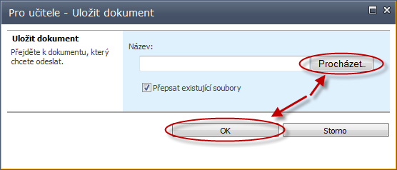 V cílovém umístění vyberte volbu Přidat dokument, v zobrazeném dialogovém oknu pomocí tlačítka