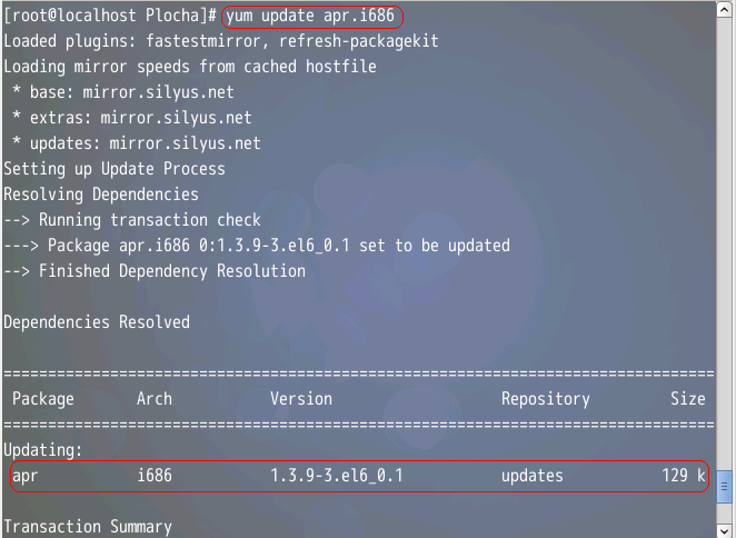 5. Instalace update nainstalujte aktualizaci na apr.i686 5.1. Pro instalaci aktualizace můžeme buď použít příkaz install nebo update. Následující informace jsou podobné jako při instalaci. 6.