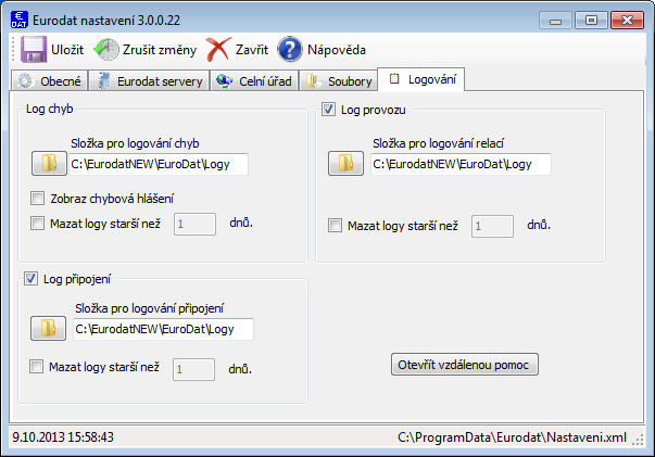 Záložka Logování Na této záložce se určují rozsah a možnosti logování a úložiště logů. Chyby se logují do samostatného logu ( Error.log ) a napomáhají obsluze (podpoře) s řešením problémů.