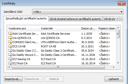 Úložiště Důvěryhodné kořenové certifikační autority.