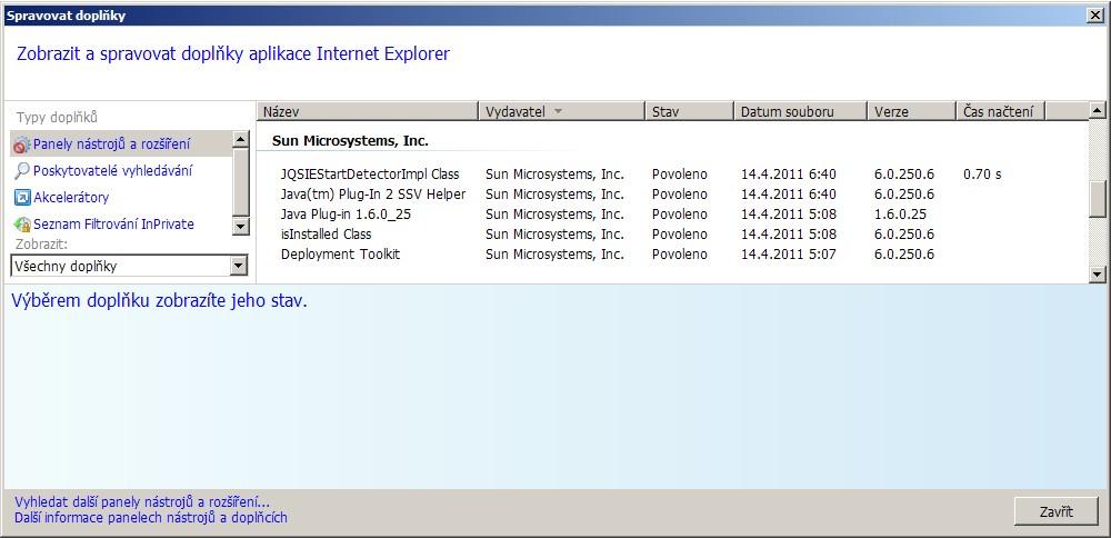 4 Zakázání více verzí JAVA v prohlížeči (nikoliv odebrání z počítače) MS IE Nástroje Spravovat doplňky Typy doplňků: Panely nástrojů a