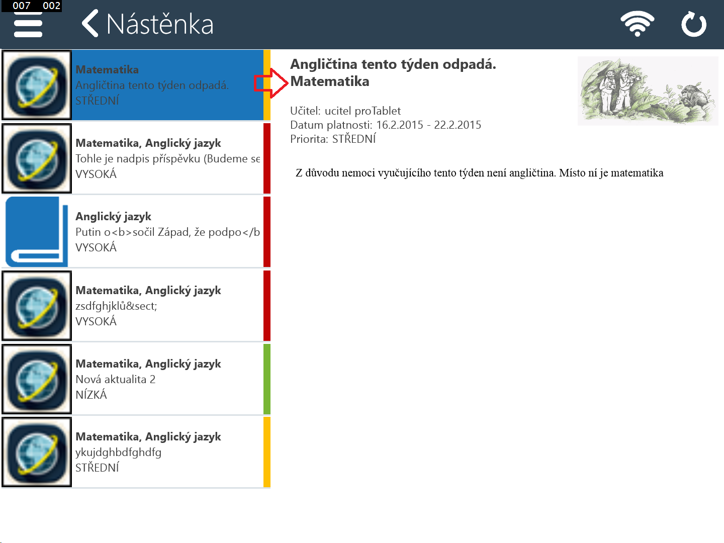 V levé části Nástěnky jsou příspěvky seřazeny dle data jejich vzniku, barevný proužek indikuje prioritu příspěvků. V pravé části je pak zobrazen detail vybraného příspěvku. 5.