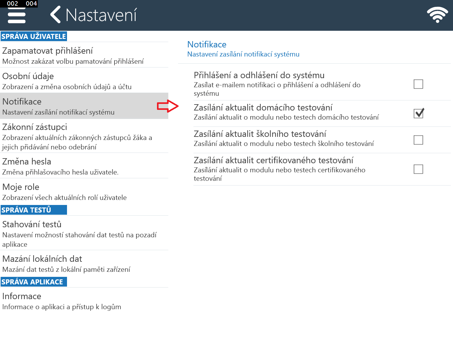 7.1.3 Notifikace V nastavení Notifikace je možné nastavit, zdali má být uživatel informován e-mailem o přihlášení/odhlášení do systému InspIS SET.