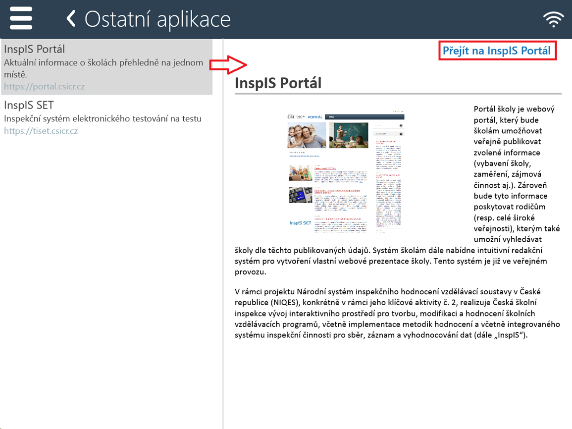 8.2 Stránka Ostatní aplikace Stránka Ostatní aplikace slouží v levé části pro zobrazení seznamu dalších systémů provozovaných v rámci rezortu MŠMT, v pravé pak pro zobrazení detailu vybraného