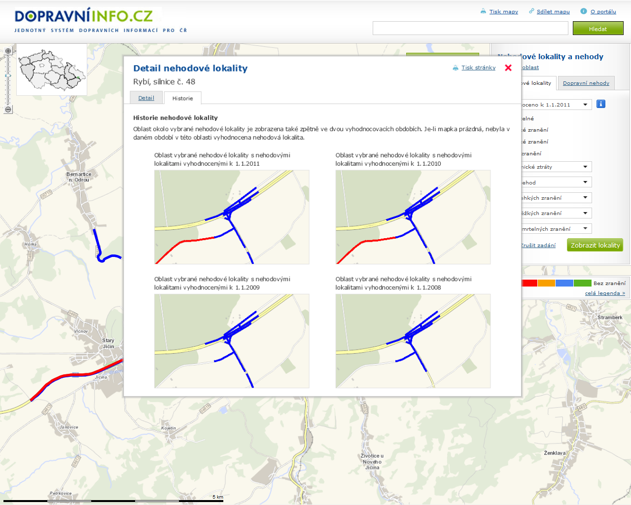 Obrázek 7: Aplikace nehodová místa nehodové lokality Geografický informační systém Centrum dopravního výzkumu (CDV 2014) Aplikace umožňuje zobrazovat statistické vyhodnocení nehodovosti v silničním