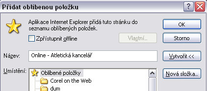 Pomůcka pro rychlejší použití aplikace AK si uložte adresu, která spouští AK do oblíbených položek asi takto: - z menu prohlížeče zvolte Oblíbené přidat k oblíbeným položkám, zobrazí se Vám tento