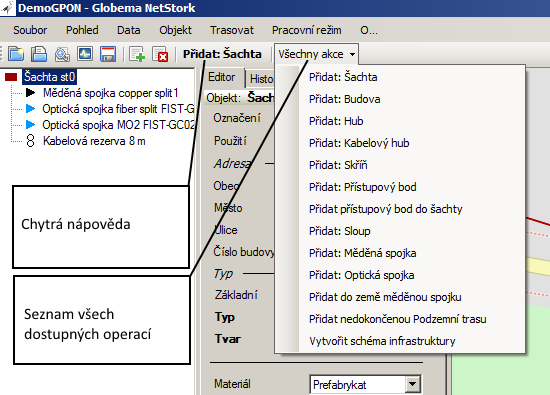 1 Automatizovaná kontextová nápověda Za účelem zjednodušení a zlepšení účinnosti evidence sítě nebo terénních pracovníků, je aplikace vybavena inteligentním systémem kontextové nápovědy.