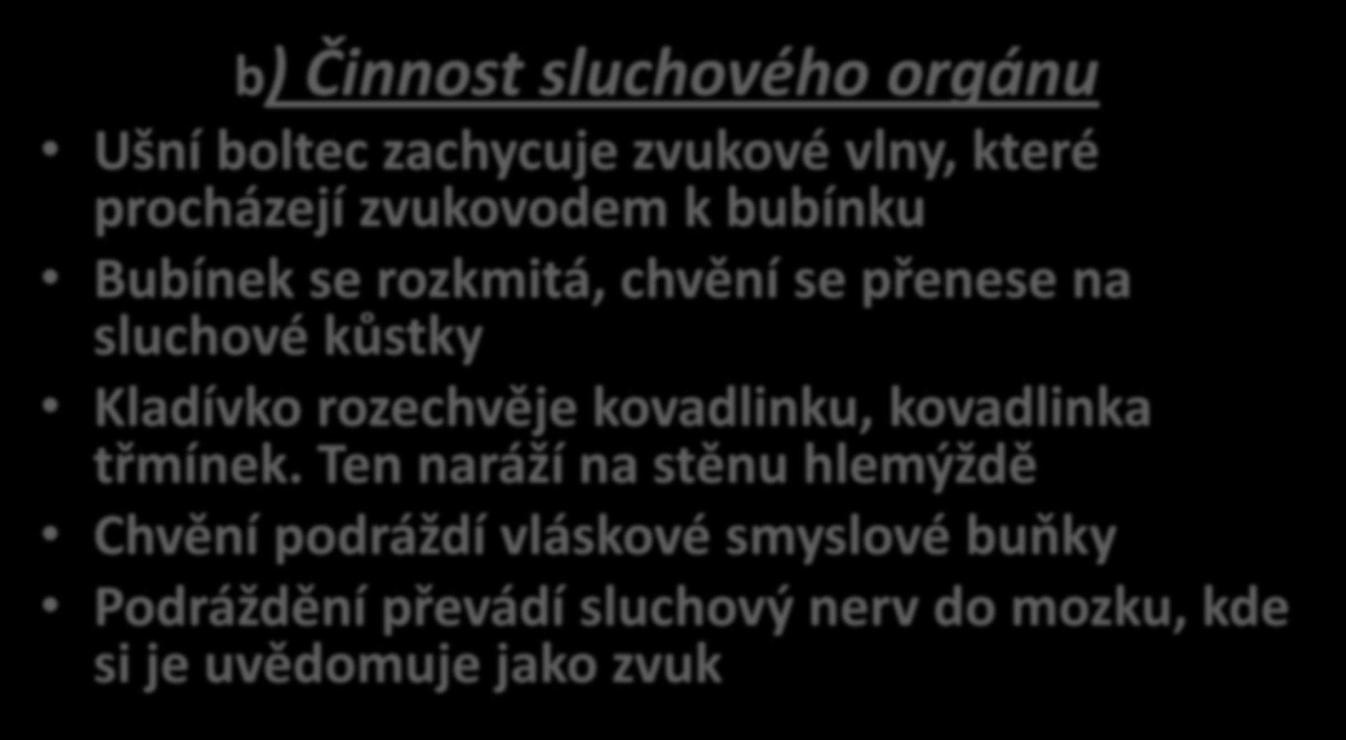 b) Činnost sluchového orgánu Ušní boltec zachycuje zvukové vlny, které procházejí zvukovodem k bubínku Bubínek se rozkmitá, chvění se přenese na sluchové kůstky Kladívko