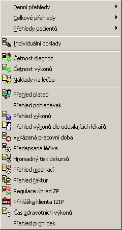 Kapitola 12. Jak získat rychlý přehled - Sestavy V programu je možné prohlížení a tisk různých zdravotnických a ekonomických přehledů. Tvorbu těchto sestav lze uživatelsky ovlivnit.