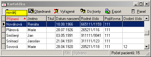 Kapitola 3. Jak vyhledat pacienta Chceme-li vyhledat řádek příslušného pacienta, můžeme použít několik způsobů popsaných níže. Vyhledaný řádek pacienta je v kartotéce vždy barevně odlišen.