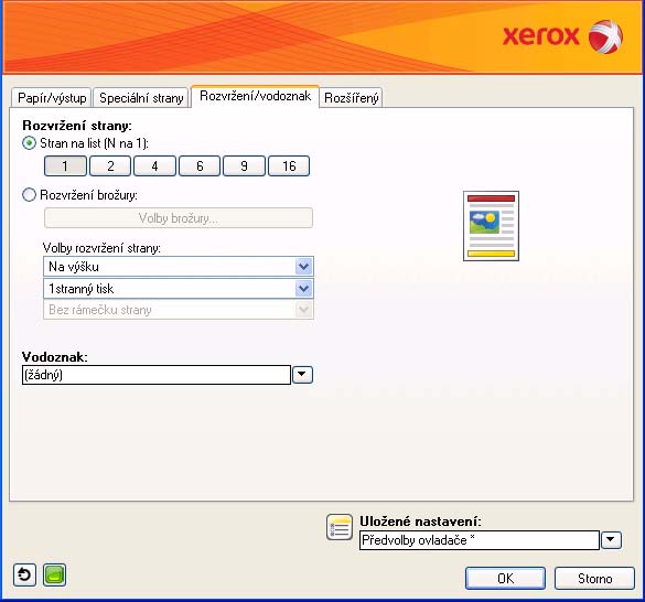 Tisk v systému Windows Rozvržení/vodoznak Karta Rozvržení/vodoznak obsahuje nastavení pro výběr rozvržení stránky, rozvržení brožury a možností vodoznaku.