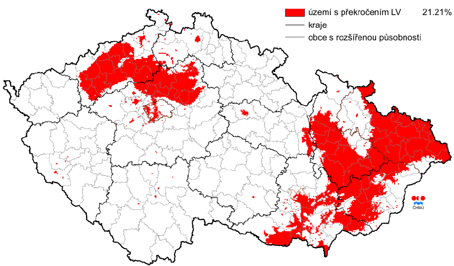 Obr. Území s překročením imisního limitu pro ČR a Olomoucký kraj v roce 20010 Území města Hranic Z modelové situace roku 2010 na města Hranic se lokálně