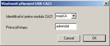 Vlastnosti připojení (platné pro Seznam spojení) Jméno převodníku USB - toto jméno slouží k identifikaci modulu CA21 v případě, že modulů CA21 je připojeno k PC více a je třeba je odlišit.