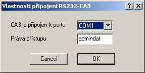 RS232-CA3 Tento typ připojení používá komunikační modul CA3 a sériovou komunikační linku RS232 (může být realizována například převodníkem USB/RS232 i třetích stran).
