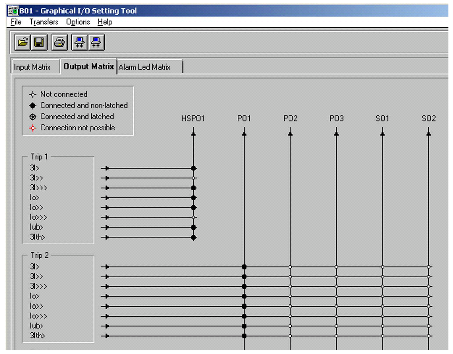 REX 521 Ochrana 1MRS 751802-MUM Použití grafického programu pro nastavení vstupů / výstupů Při změně nastavení signálu Trip 1 přejděte v menu na položku Output Matrix (Výstupní matice).