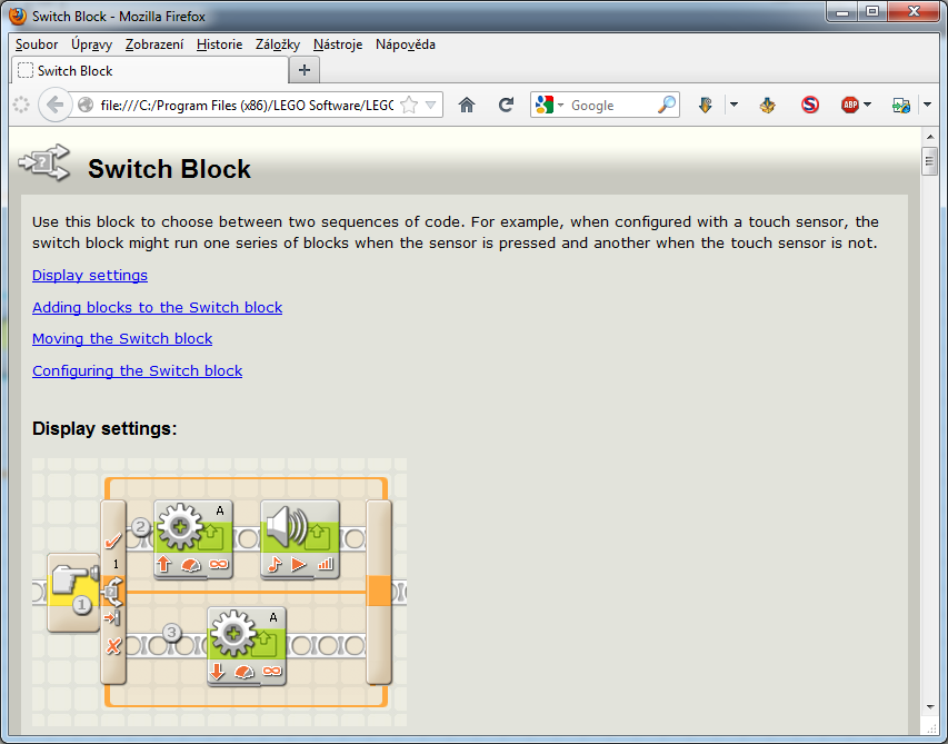 Prostředí NXT-G 45 Obrázek 4-18 Okno HTML nápovědy ke zvolenému bloku Na pravé straně panelu se nachází dvě záložky. Horní se symbolem otazníku slouží k zobrazování nápovědy.