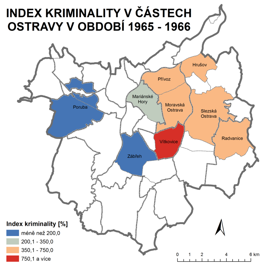 Obrázek 1 - Index kriminality v částech Ostravy v letech 1965-66 Zdroj: Calábek 2011.