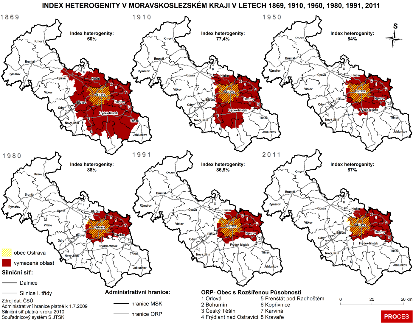Obrázek 1 Index heterogenity v Moravskoslezském kraji v letech 1989, 1910, 1950, 1980, 1991, 2011.