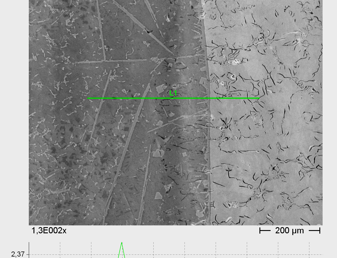 Hutnické listy č.1/21, roč. LXIII ISSN 18-869 Fig. 8 Microstructure from electron scanning microscope in crosscut habitat irregular dark bull's - eye ft to the eye cast - iron ringlet 1.