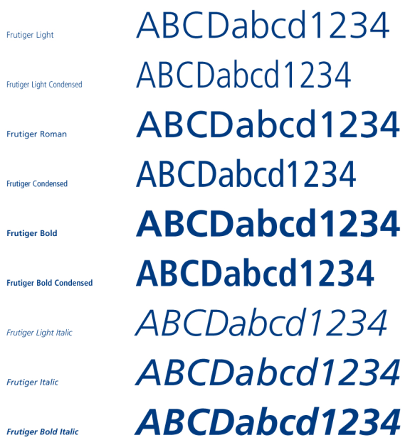 1.17 Typografie Základním písmem designu ROP Jihovýchod je písmo Frutiger ve všech zobrazených řezech, včetně kondenzovaných verzí.