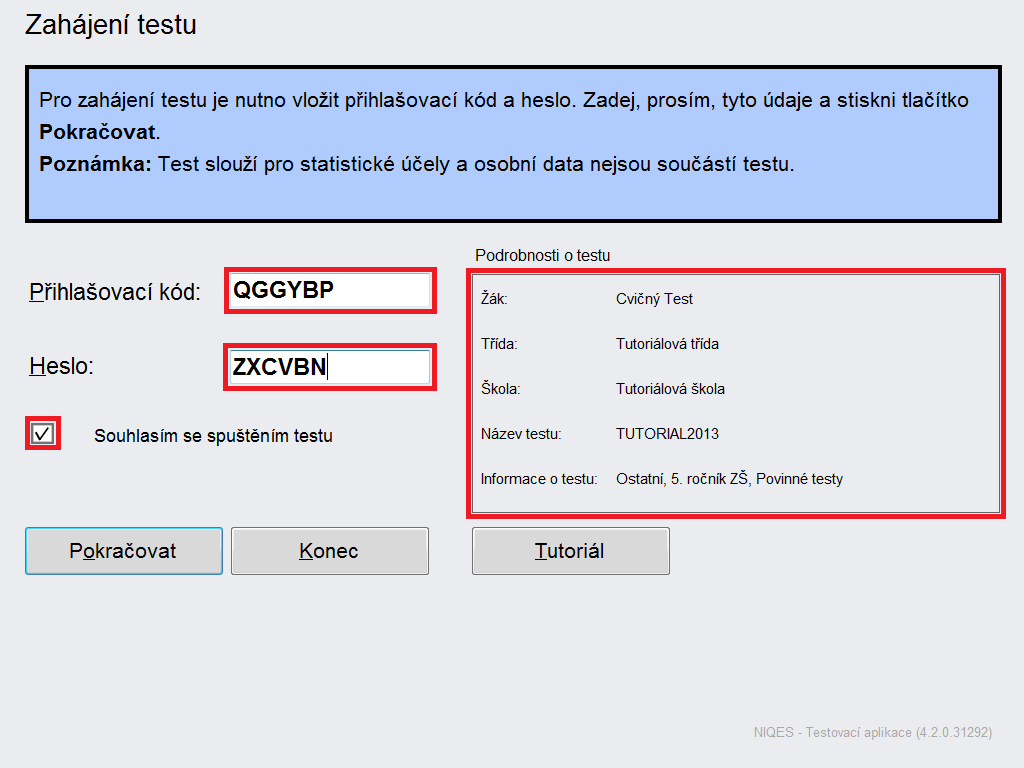 Postup spuštění testu žáka Přihlašovací údaje pro každý test ze všech předmětů jsou distribuovány pomocí systému iset vždy na začátku časového okna pro dané testy.