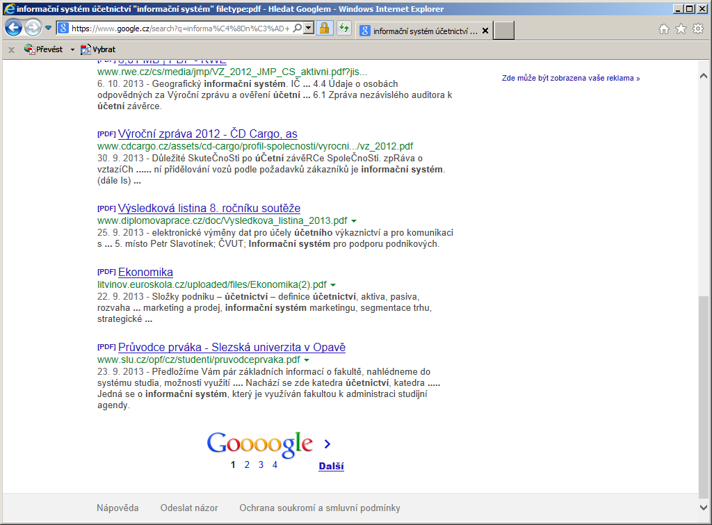 Obrázek 8 Omezení výsledků vyhledávání ve službě Google Obrázek 9 Soubor nalezených odkazů ve službě Google Při