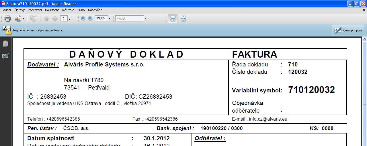 Manuál pro ověření elektronického podpisu v pdf fakturách společnosti Alváris Profile Systems s.r.o., které podepisuje Jaromír Chamrád <jaromir.chamrad@alvaris.eu>.