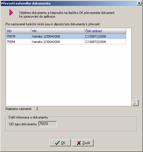 V následném dialogu jsou zobrazeny písemnosti k převzetí a stačí vybrat