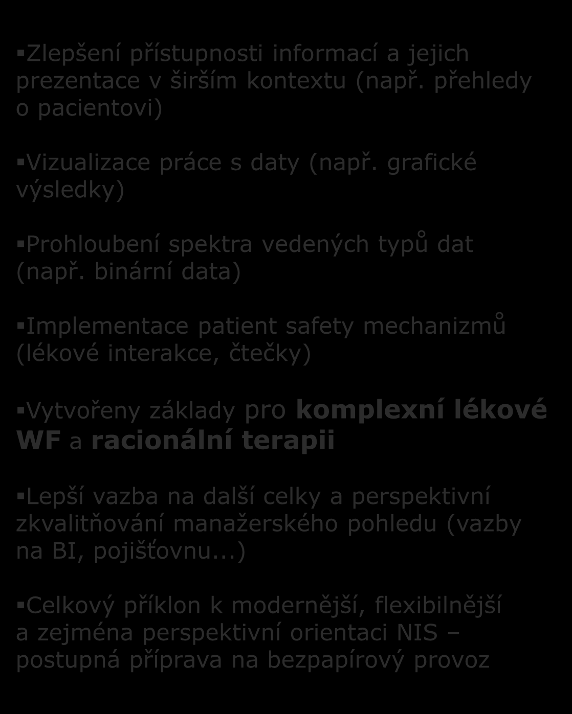 Globální BENEFITY řešení Zlepšení přístupnosti informací a jejich prezentace v širším kontextu (např. přehledy o pacientovi) Vizualizace práce s daty (např.