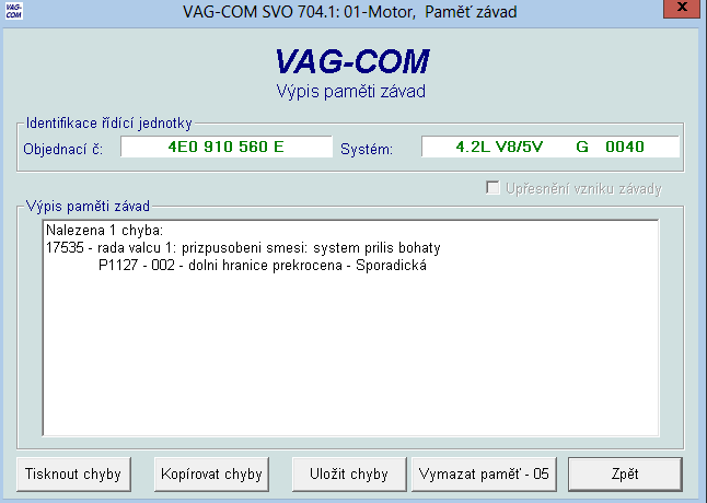 Obr. 25 Stav Readiness V paměti závad řídící jednotky motoru pomocí funkce Paměť závad 02 byla objevena jedna chyba.