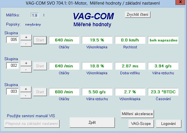 Pomocí funkce Měřené hodnoty 08 lze číst hodnoty měřené v reálném čase řídící jednotkou v daném systému. Pro systémy používající UDS se musí použít Rozšířené měření.