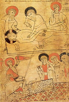 Tkanina Někteří badatelé považují tuto ilustraci z maďarského rukopisu (Prayův kodex), napsaného mezi roky 1192 a 1195 a uloženého v Széchenyiho národní knihovně v Budapešti, za důkaz, že Turínské
