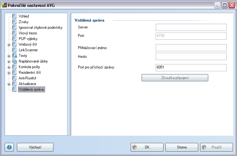 9.14. Vzdálená správa Nastavení v dialogu Vzdálená správa slouží k připojení klientské stanice AVG do systému vzdálené správy.