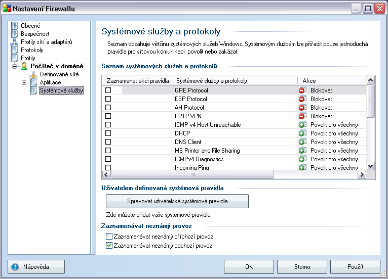 10.5.4. Systémové služby Veškeré editace v dialogu Systémové služby a protokoly jsou určeny VÝHRADNĚ zkušeným uživatelům!