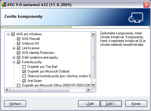 5.7. Uživatelská instalace - Zvolte komponenty V dialogu Zvolte komponenty je zobrazen přehled komponent AVG 9 Anti-Virus plus Firewall, které můžete nainstalovat.