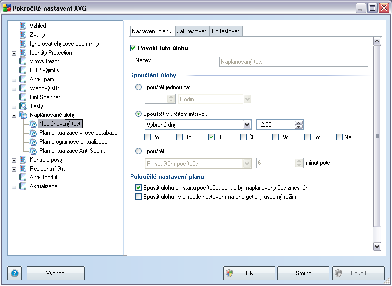 9.9. Naplánované úlohy V sekci Naplánované úlohy máte možnost editace výchozího nastavení Plánu testu celého počítače Plánu aktualizace virové databáze