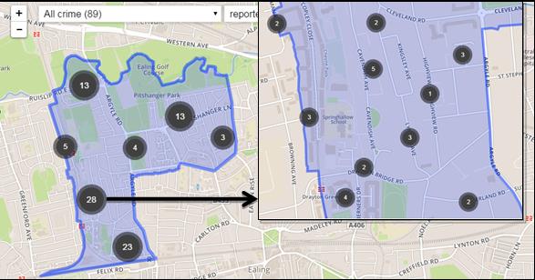 Obrázek 66: Mapa kriminality s využitím snappointu Zdroj: police.uk; 2015 Zobrazení dané čtvrti je možné dle PSČ nebo názvu.
