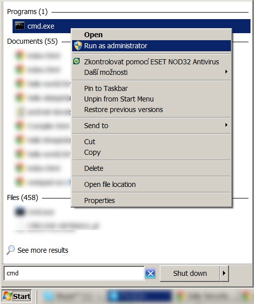 spuštění služby Wired AutoConfig Service Spusťte příkazový řádek (jako správce) Windows Vista, 7 Klikněte na tlačítko Start. Vepište cmd a stiskněte Enter. Klikněte pravým tlačítkem myši na cmd.