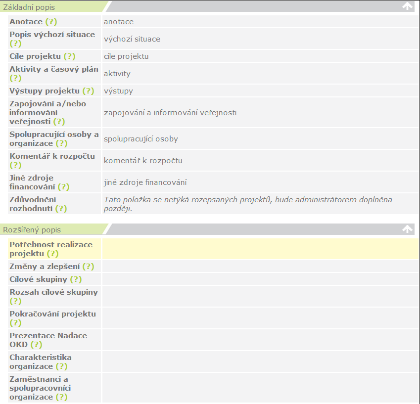 Rozšířený popis: kliknutím na pole, které chcete upravit, otevřete stránku pro vyplnění informací specifických pro různé grantové výzvy. Vyplňte podle instrukcí u jednotlivých políček.